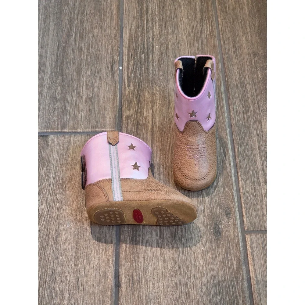 Lil Boot Barn Infant Girls Pink Brown Star Western Cowboy Boots Size 4 B10117